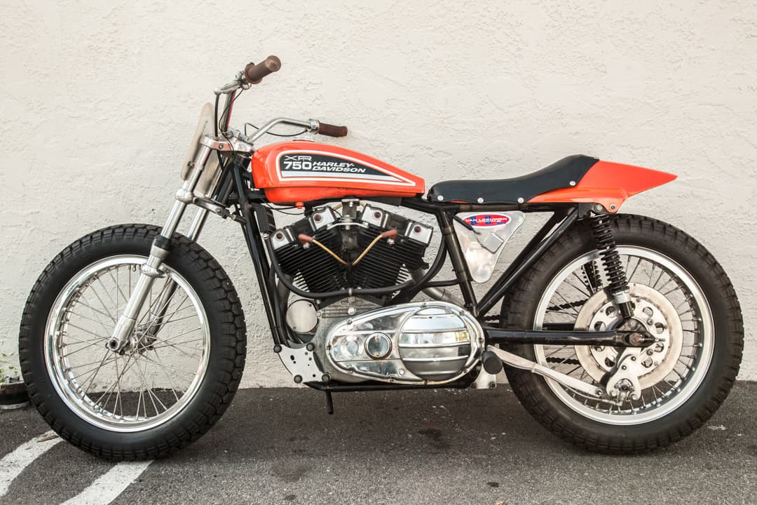 An image of an orange coloured 1970 Harley Davidson XR750