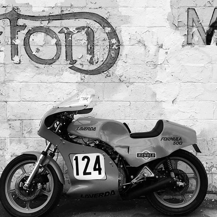 A black and white image of a 1980 Laverda Formula 500