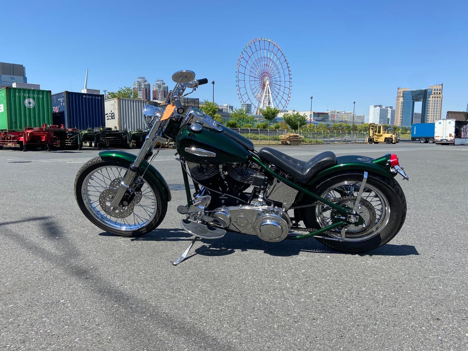 An image of a 1969 Harley Davidson Shovelhead Chopper awaiting collection from the port in Japan.